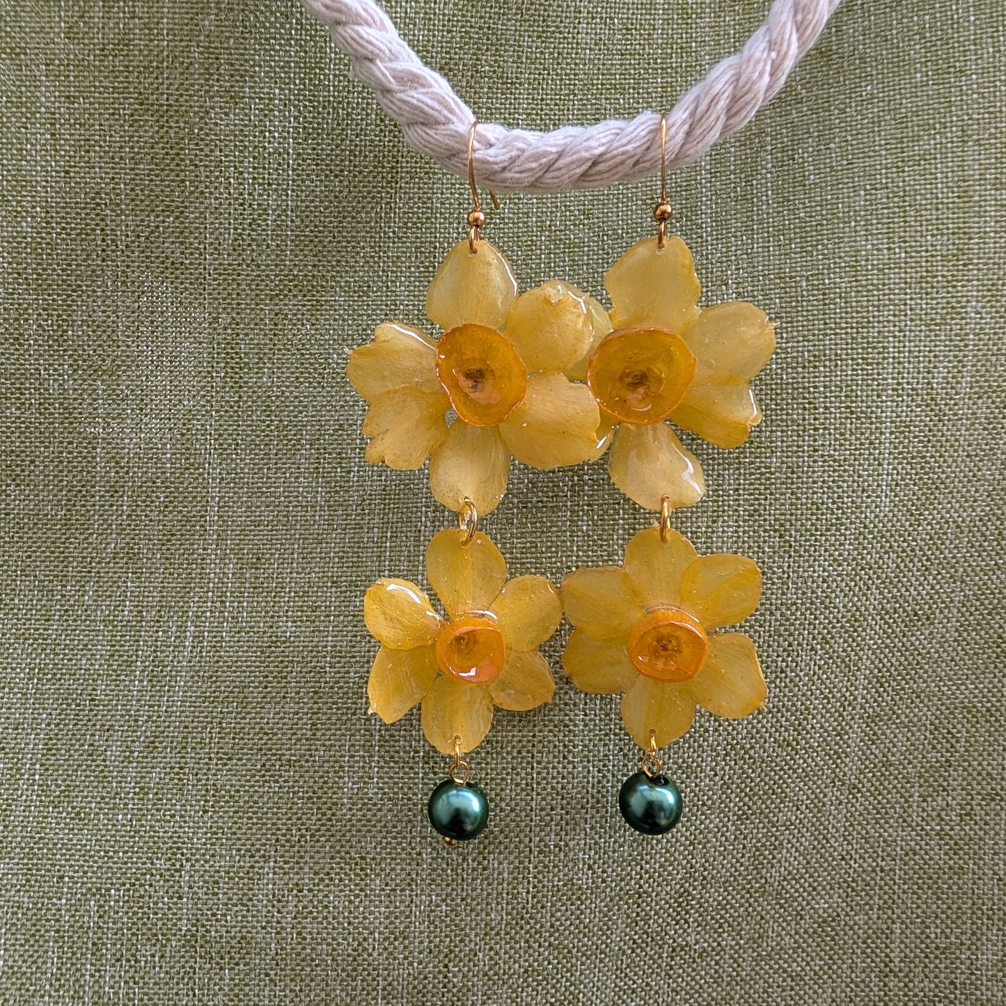 Yellow Daffodil Dangle Earrings with Green Pearl Drop