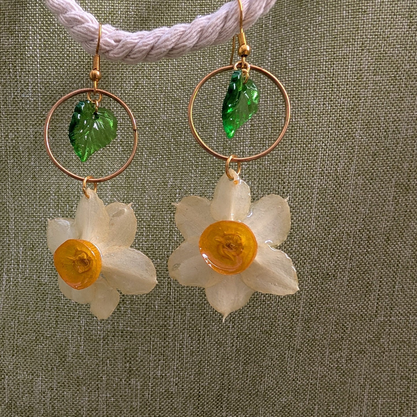 Golden Daffodil Drop Earrings with Leaf Charm