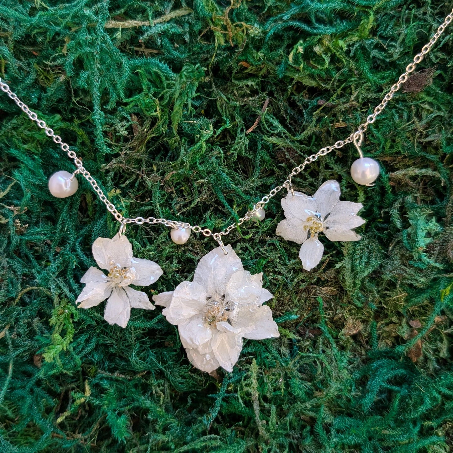 Winter Bloom Necklace - Real White Delphinium & Freshwater Pearls