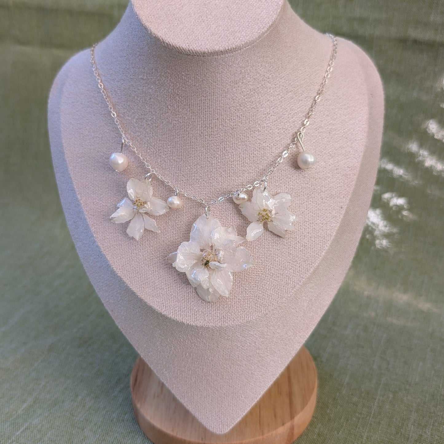 Winter Bloom Necklace - Real White Delphinium & Freshwater Pearls