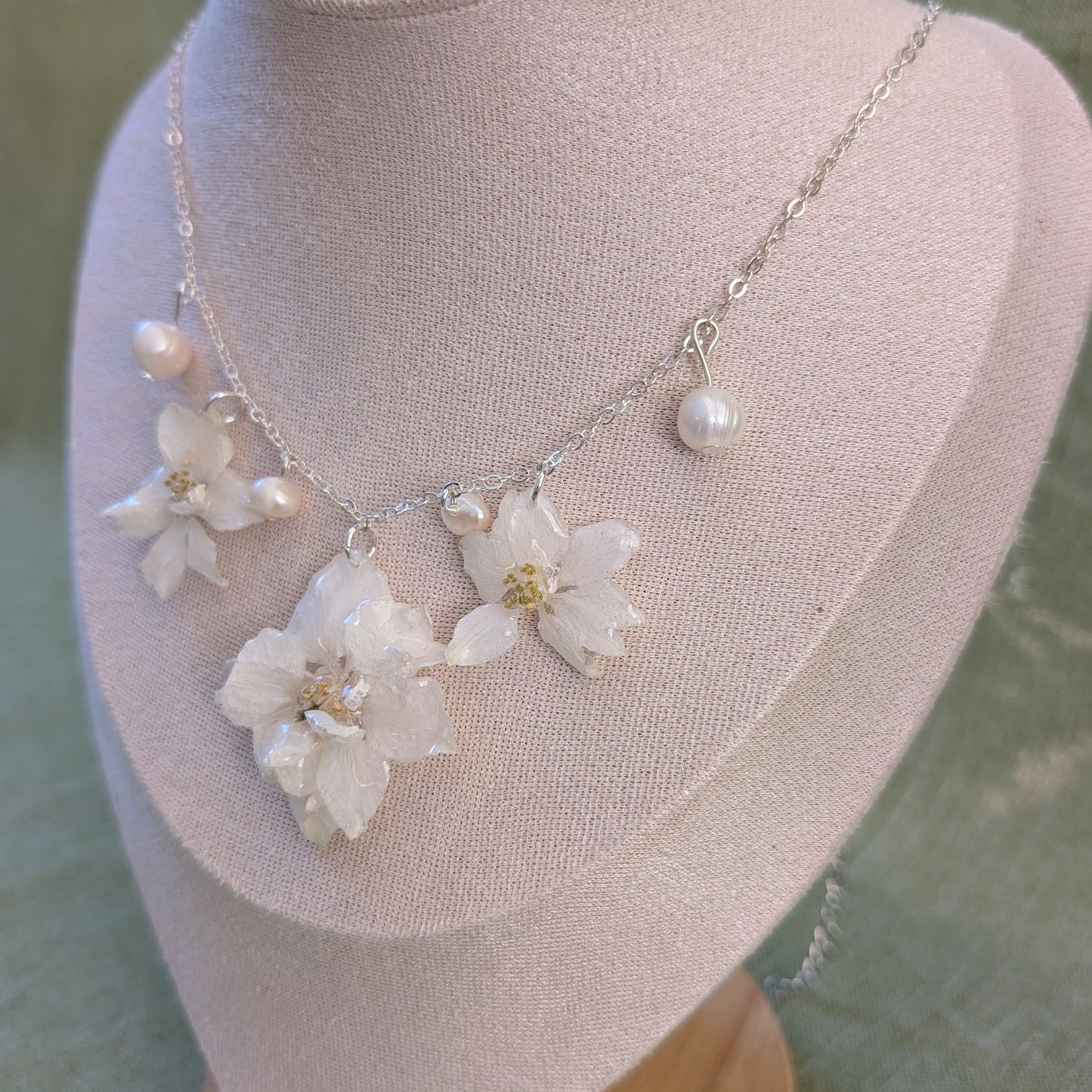 Winter Bloom Necklace - Real White Delphinium & Freshwater Pearls