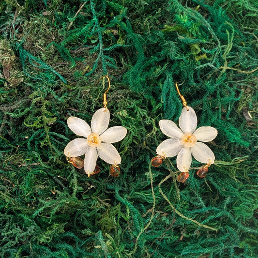 Golden Daisies – Real Flower Dangle Earrings with Amber Drops