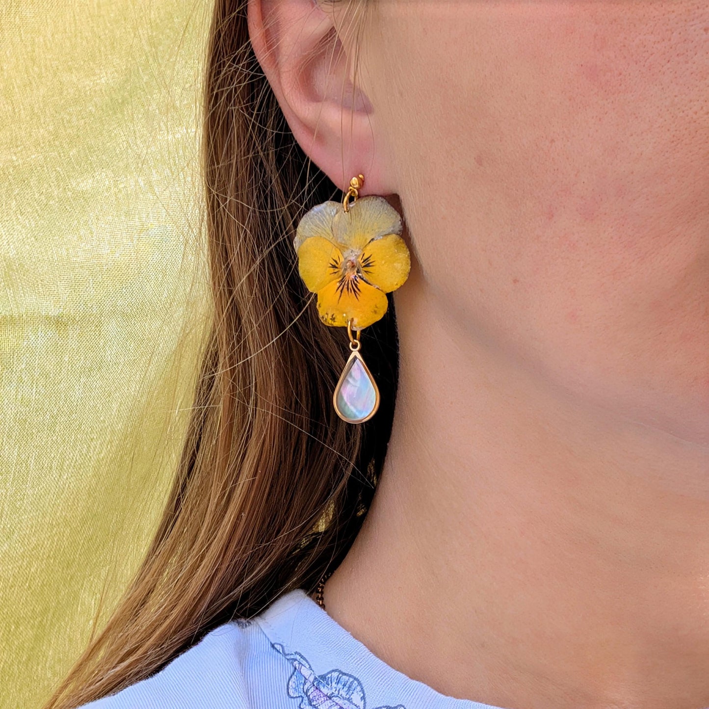 Golden Pansy Drop Earrings